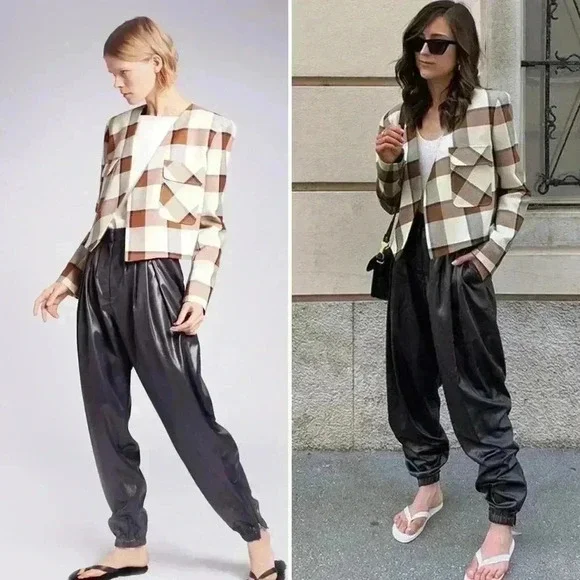 Tibi Dylan Plaid Cream Cropped Jacket Blazer in Ivory Camel Size 12 - Picture 3 of 16